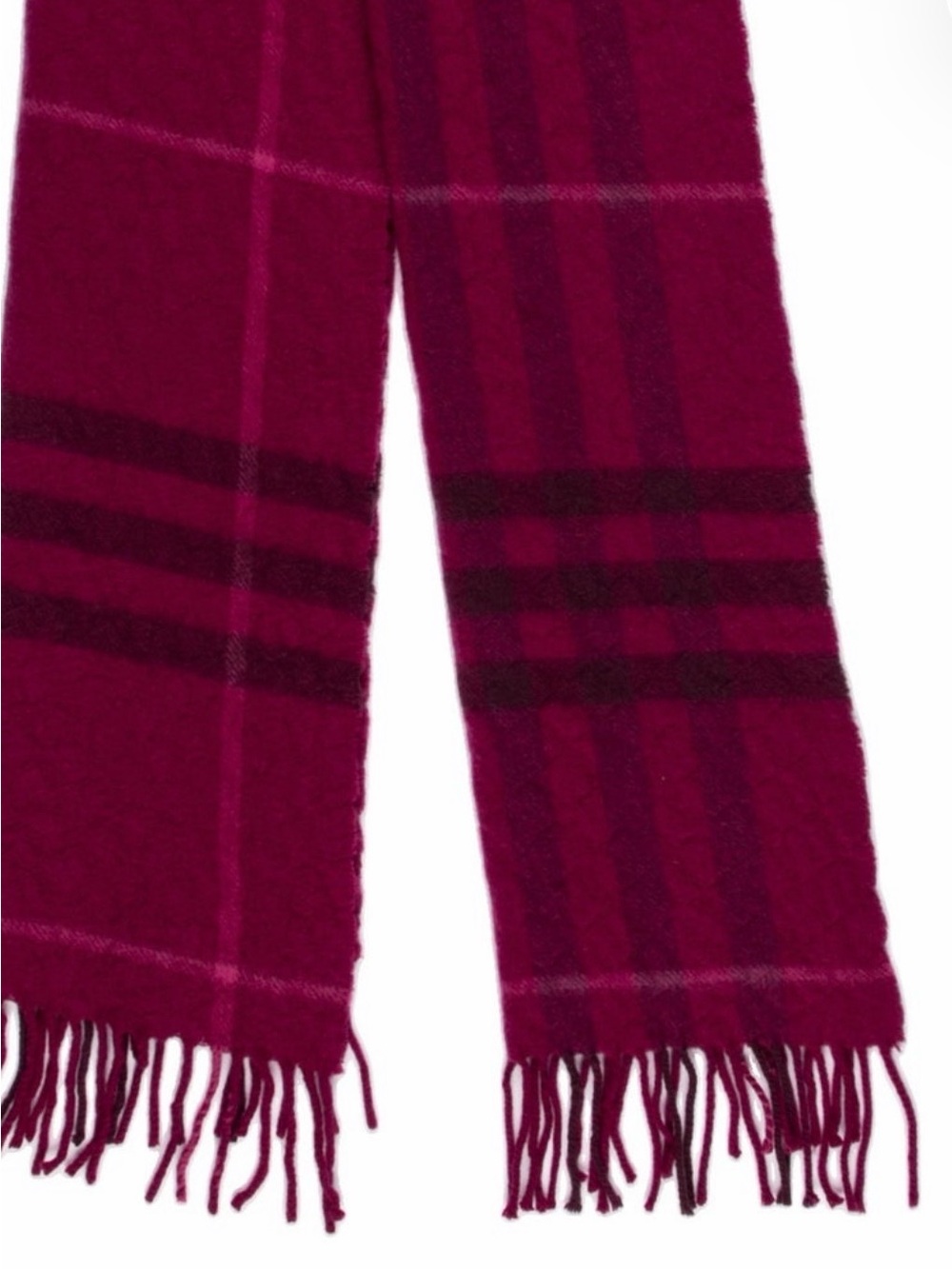 Burberry Burgundy Plaid Print Fringe Scarf